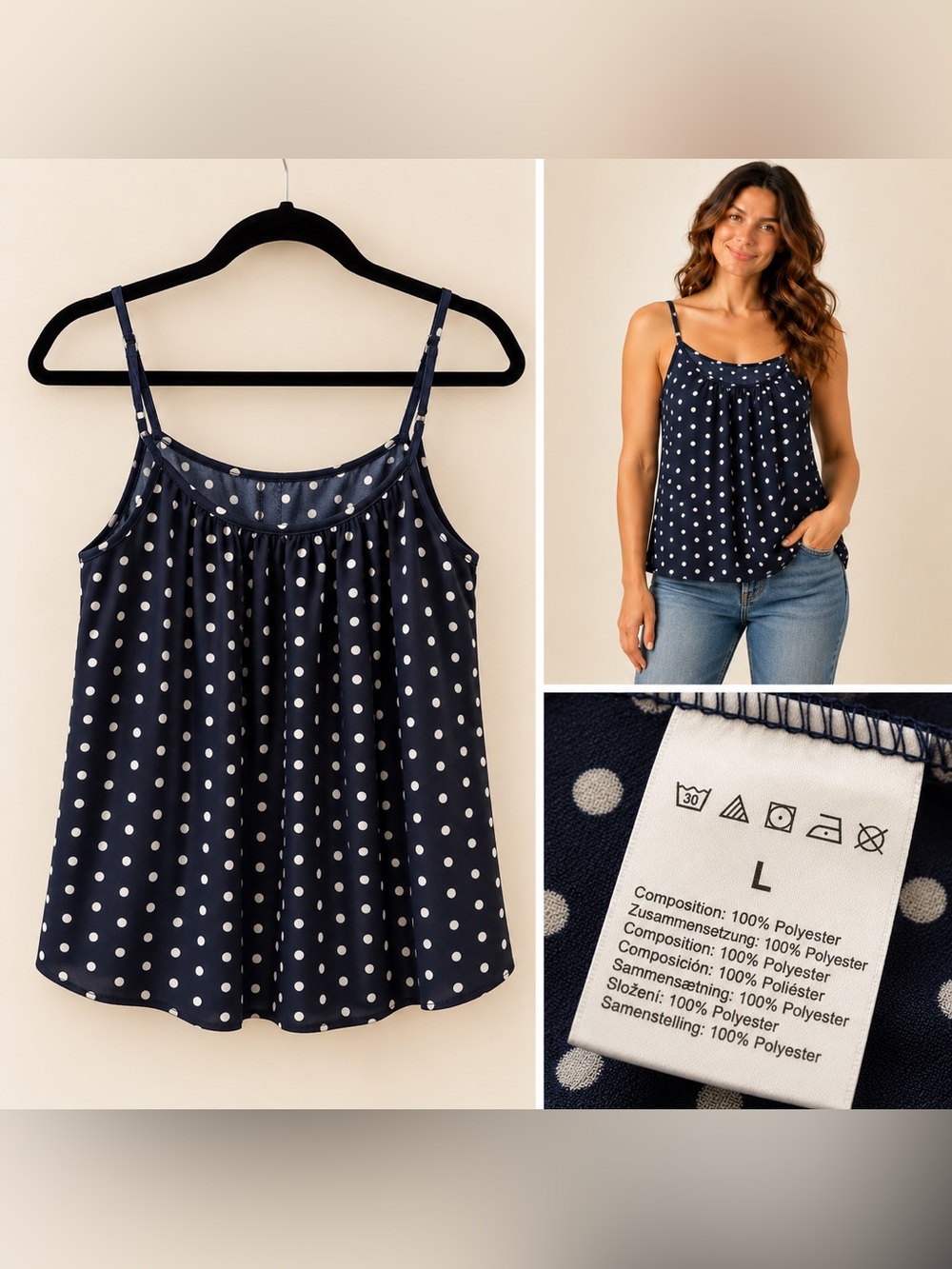 Women’s Navy Polka Dot Spaghetti Strap Tank Top